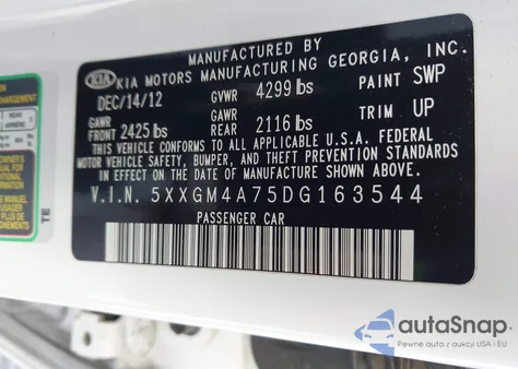 2013 Kia Optima Lx z USA, uszkodzony, nr VIN 5XXGM4A75DG163544